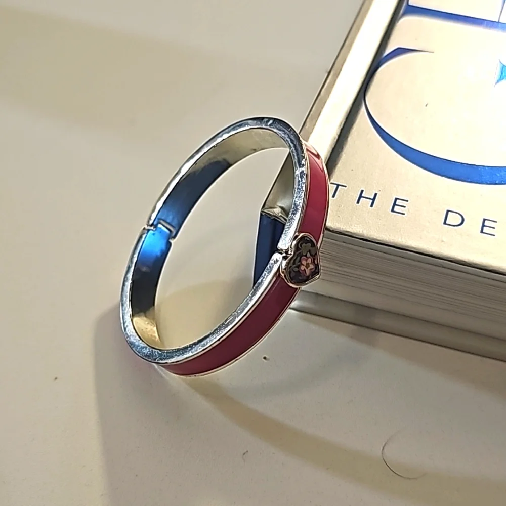 Vintage Vera Bradley Silver Tone Heart Theme Pink Enamel Hinged Bangle Bracelet.